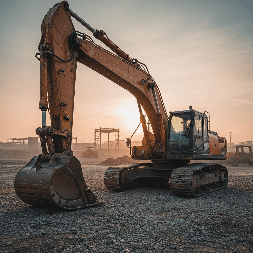 Escavatore parcheggiato su un cantiere all'alba